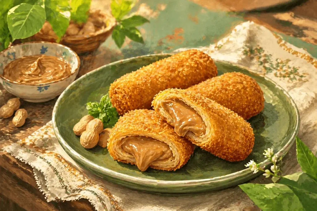 Risol peanut butter disajikan di atas piring hijau menampakkan isiannya berupa selai kacang