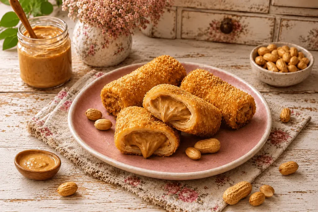 Risol peanur butter atau risol isi selai kacang disajikan di atas piring memperlihatkan isian dalamnya