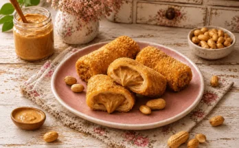 Risol peanur butter atau risol isi selai kacang disajikan di atas piring memperlihatkan isian dalamnya