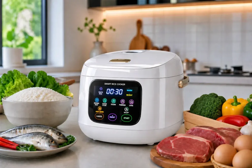 Smart rice cooker atau rice cooker pintar di meja dapur bersama nasi, sayuran, ikan, dan daging