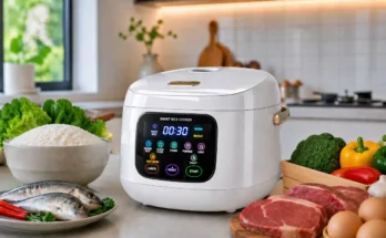 Smart rice cooker atau rice cooker pintar di meja dapur bersama nasi, sayuran, ikan, dan daging