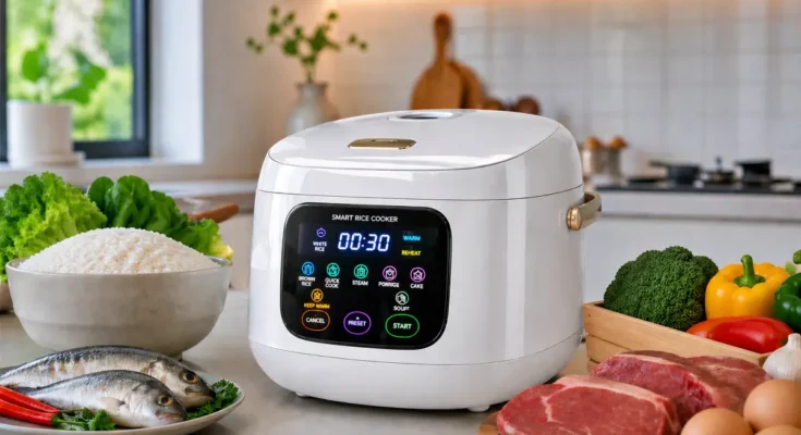 Smart rice cooker atau rice cooker pintar di meja dapur bersama nasi, sayuran, ikan, dan daging