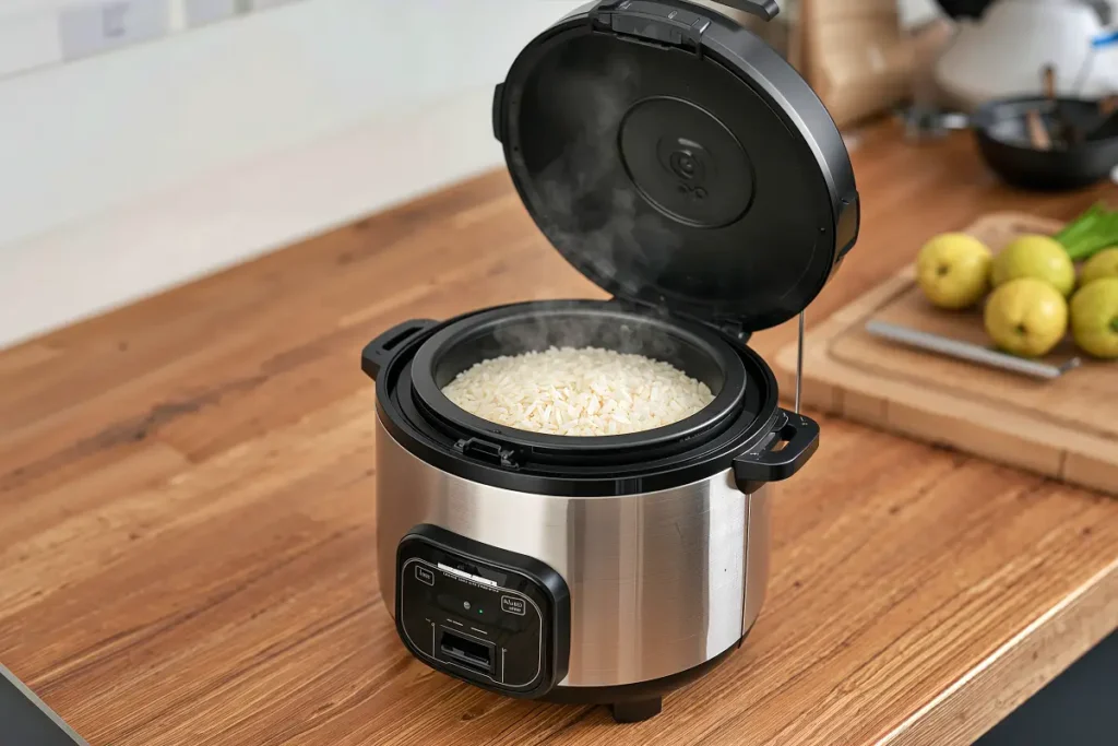 Rice cooker jadul atau lawas di atas meja dapur