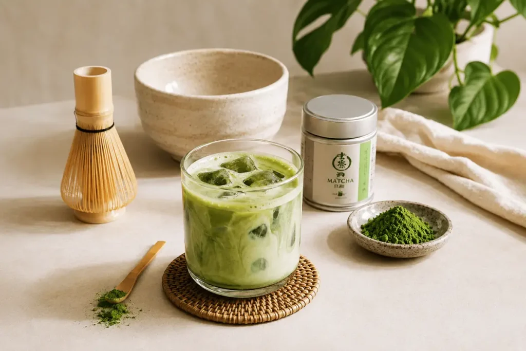 Segelas es matcha, bubuk matcha, dan peralatan seduh matcha