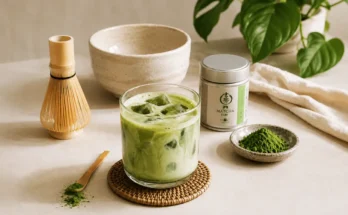 Segelas es matcha, bubuk matcha, dan peralatan seduh matcha