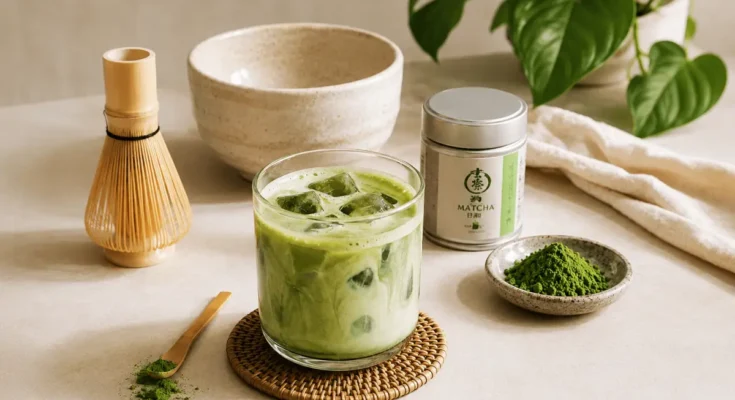 Segelas es matcha, bubuk matcha, dan peralatan seduh matcha