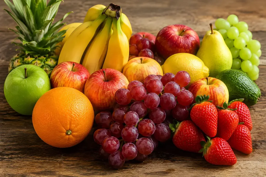 Buah buahan di atas meja. Pisang, apel, jeruk, anggur, pir, nanas, alpukat