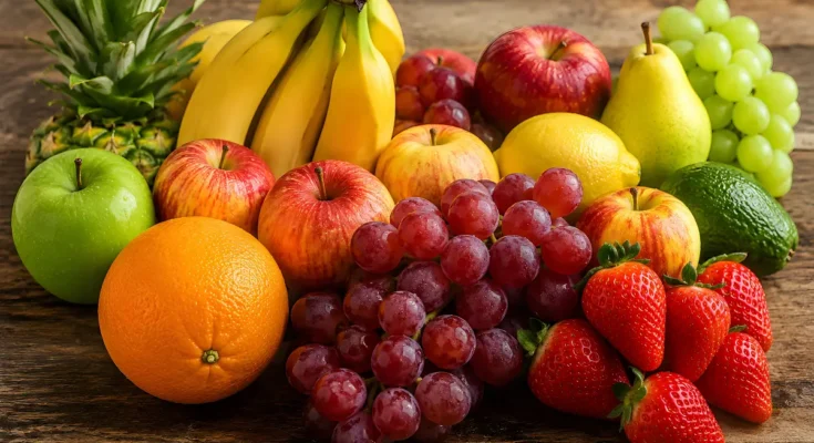 Buah buahan di atas meja. Pisang, apel, jeruk, anggur, pir, nanas, alpukat
