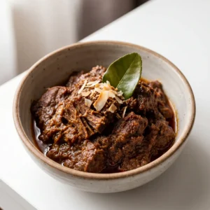Semangkuk daging rendang dengan bumbu daun jeruk